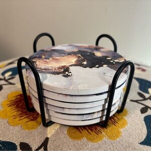 Set of six marble print coasters with holder